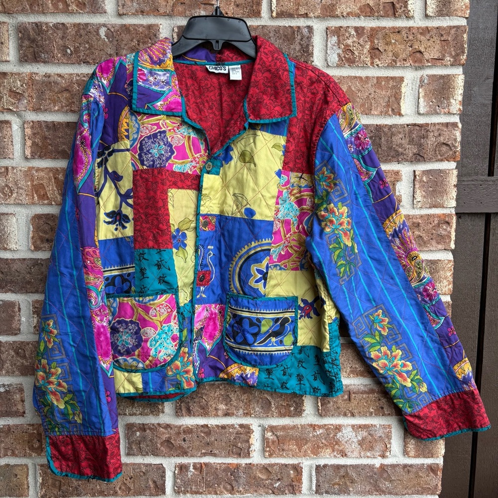 Chico’s 100% Silk Colorful Patchwork Stitch Detail| Size 2